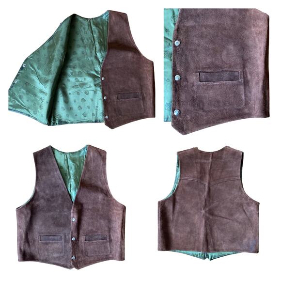 American Vintage brown leather suede vest with green lining size medium to large - Picture 1 of 12
